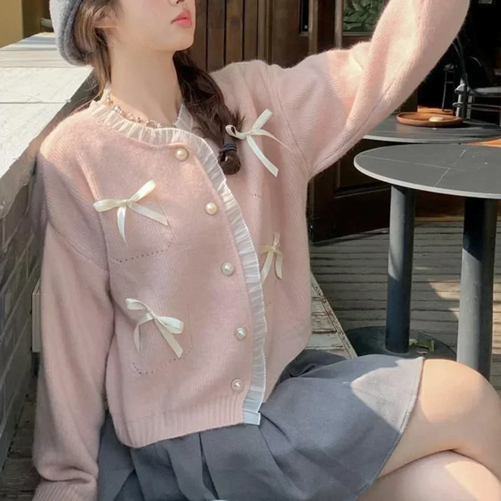 

Fashionable Long Sleeve Knitted Cardigan Designed with Sweet Bow and Lace Details Perfectly Tailored to For Women's Style