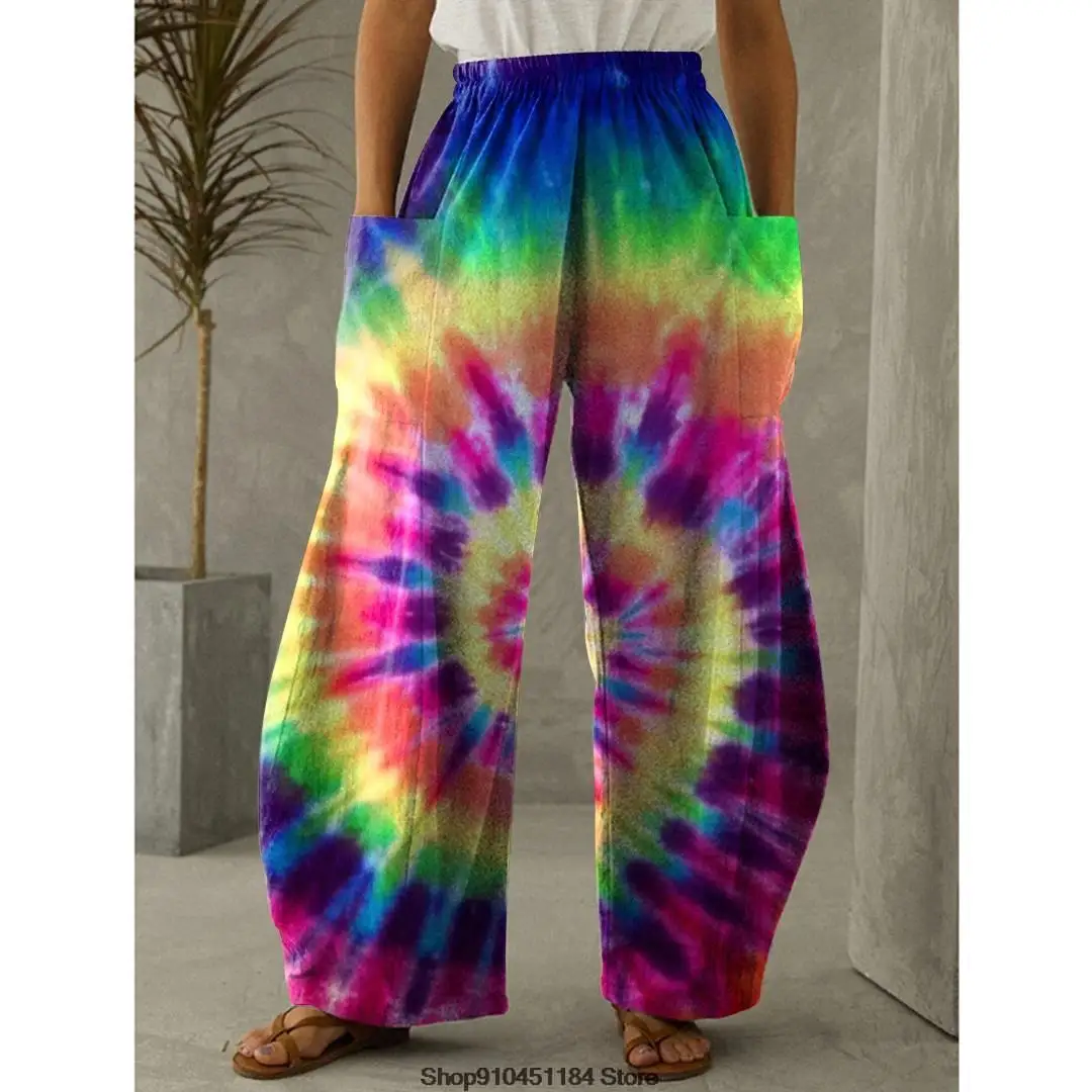 Printed Wide Leg Pants Vintage High Waist Trousers 3D Colorful Tie Dyeing Style Side Pocket Design Loose Casual Wide Leg Pants