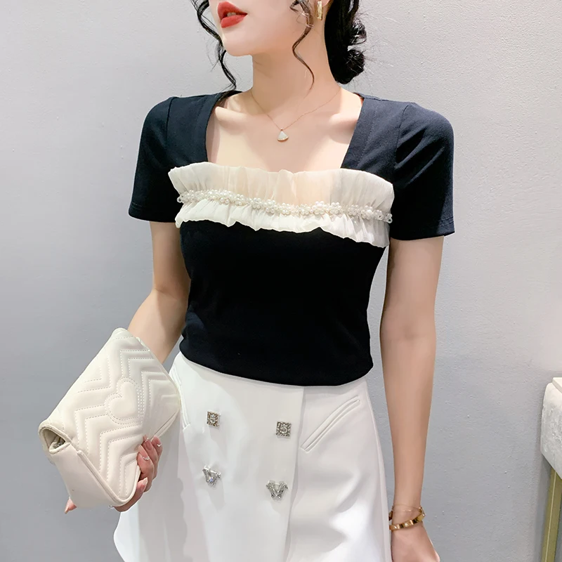 

Black Summer Korean Style T-Shirt Chic Sexy Square Neck Ruffles Patchwork Beading Women's Tops Short Sleeve Tees 2024 New 451604