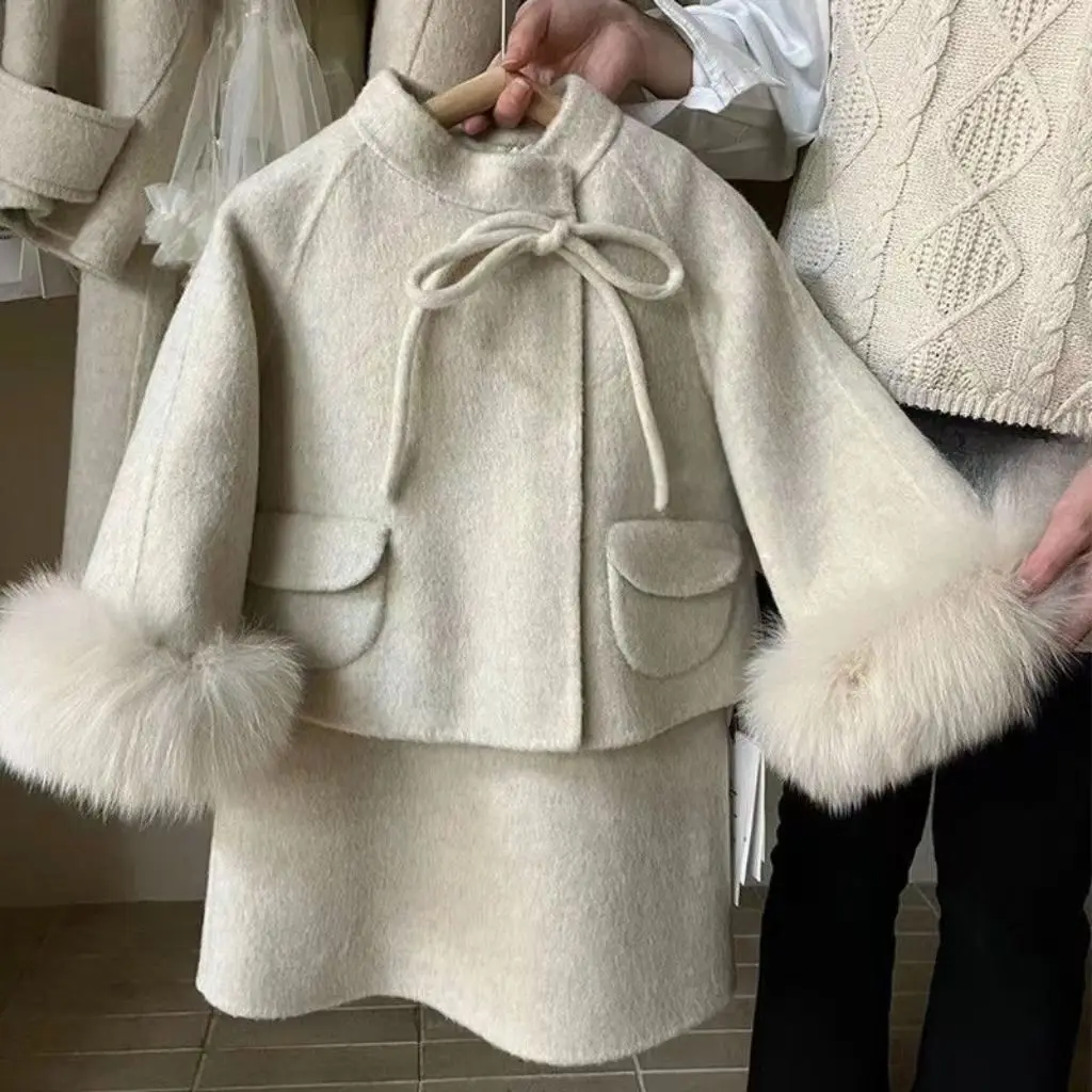 Elegant children clothing girl woolen jacket autumn and winter style girl western-style vest skirt fur edge woolen coat trend