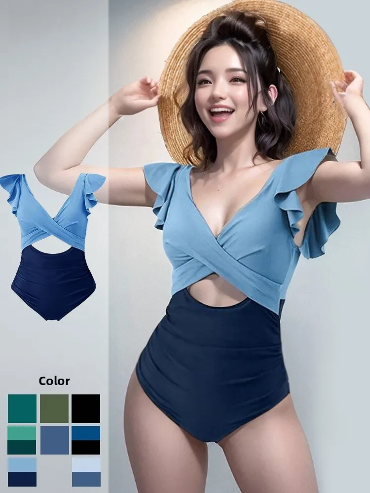 

Sexy Hollow out Swimsuit for plus Size Girls Thermal Spring Swimming Pool Large Size Fixed Chest Pad Nylon Fabric