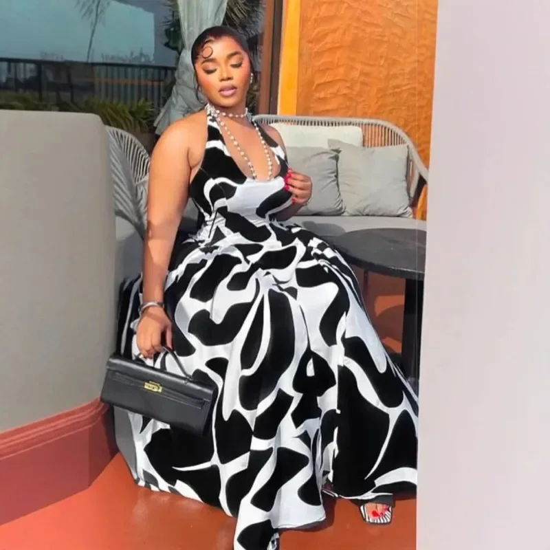 

2025 Women V-neck Sleeveless Halter Print Midi Dress Backless Elegant Birthday Beach Party Vestidos Big Swing Dresses