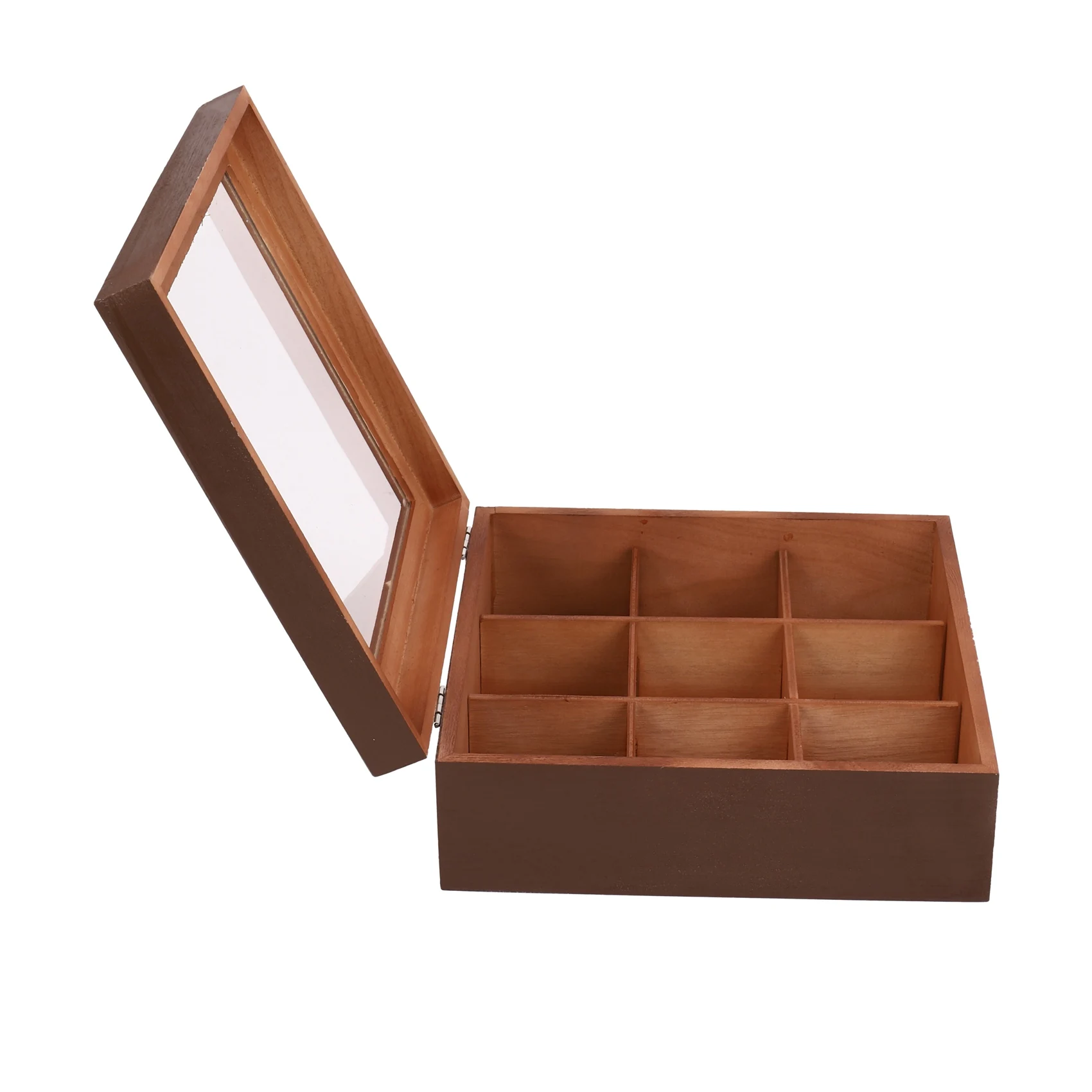 Wooden 9 Grids Tea Box Tea Bags Container Storage Box Square Gift Box Case Transparent Top Lid Jewelry Storage Box-Red Wine c