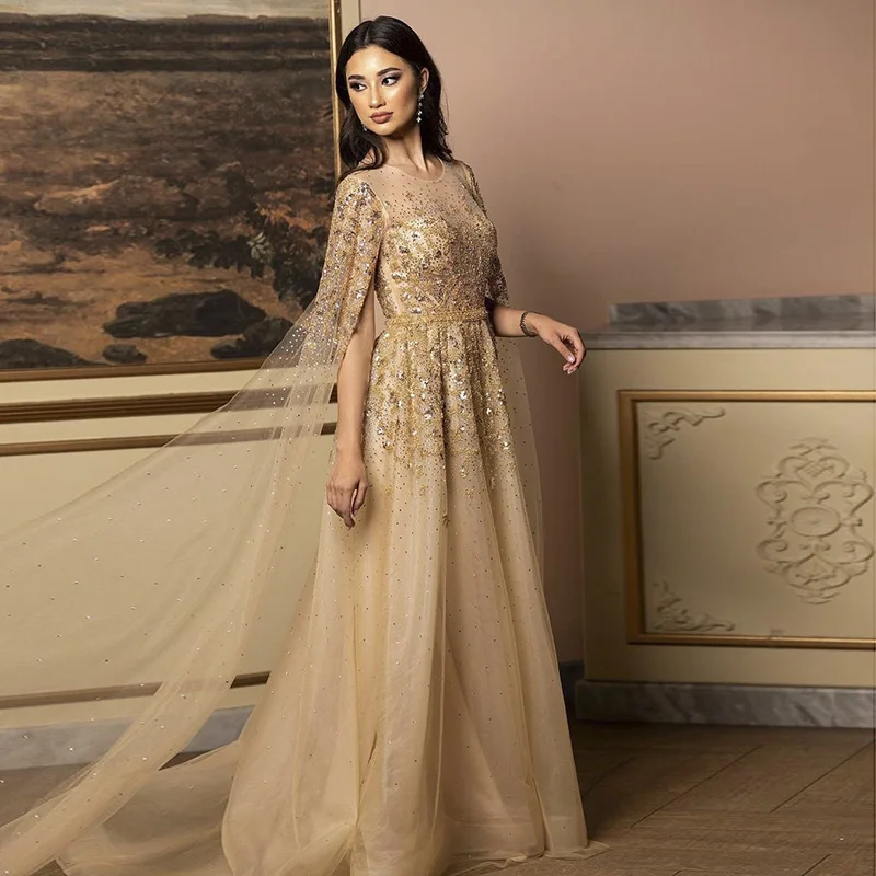 Sharon Said Luxury Gold Evening Dress with Cape Sleeve Dubai Crystal Silver Formal Dresses Women Wedding Party SS268 Customized