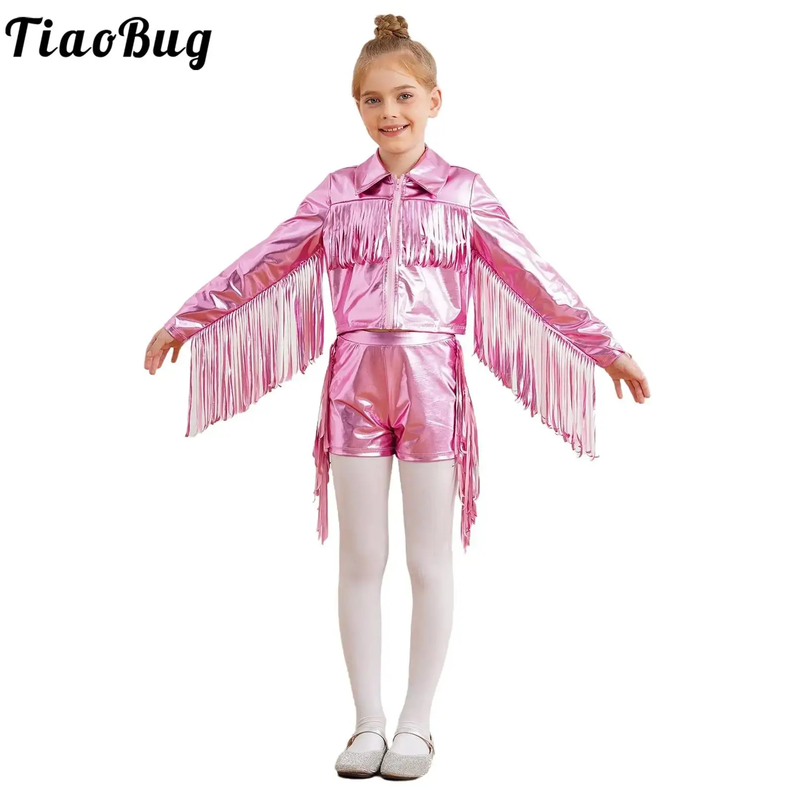 

Girls Tassels Metallic Dance Outfit for Jazz Modern Performance Costume Long Sleeve Zipper Fringe Jacket with Shorts Dancewear