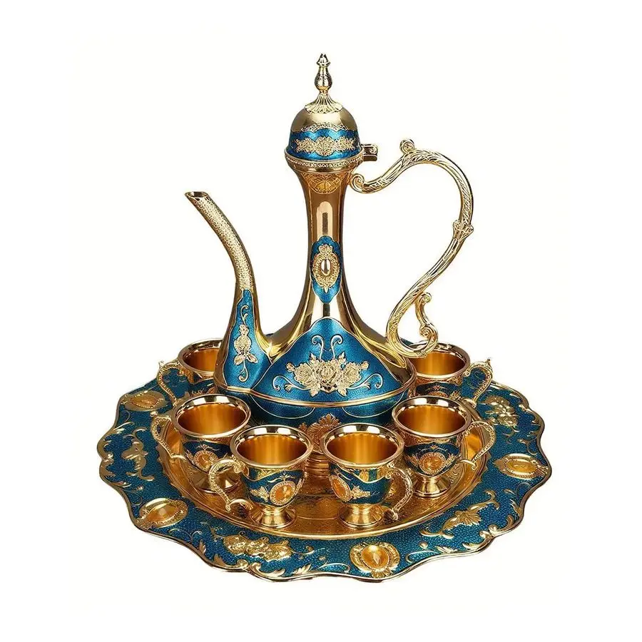 

Vintage Turkish Coffee Pot Set Coffee Service Set Teapot Sets for Adults Home Party Decor Golden Blue