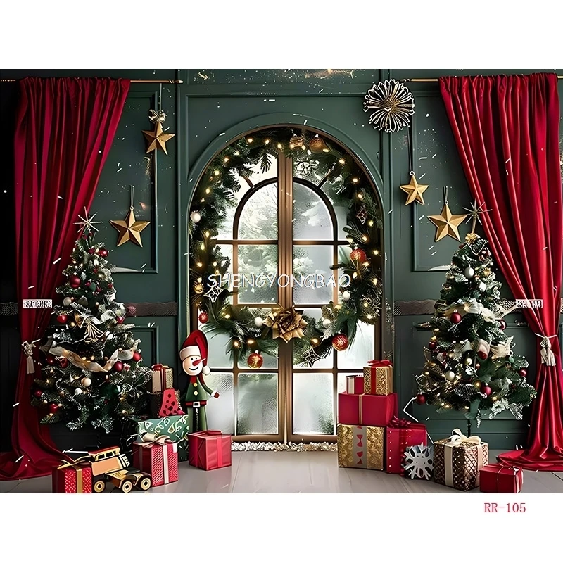 SHENGYONGBAO  Christmas Wreath Window Photography Backdrops Prop Happy New Year Decoration Family Holiday Party Background RR-63