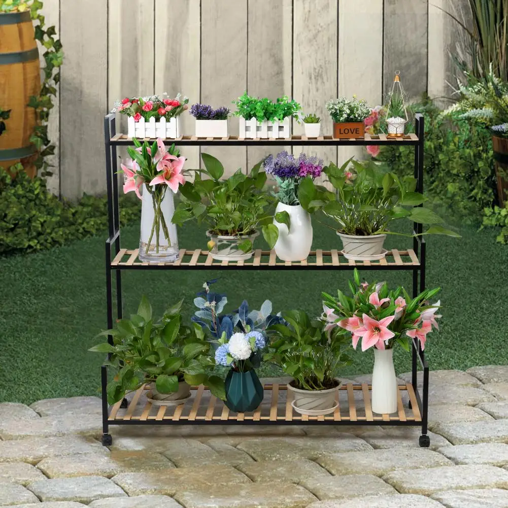 Rustic Plant Stand, Stepped-wedge Design, 3 Tier, Plant Shelf With 360 Degree Wheels, Indoor Outdoor, Metal Plant Rack For Yard