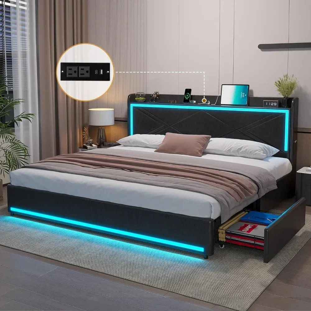 

#For King Bed Frame with Storage Drawers and LED Lights, Pu Leather Platform Bed King Size with Headboard Storage, Type-C & USB