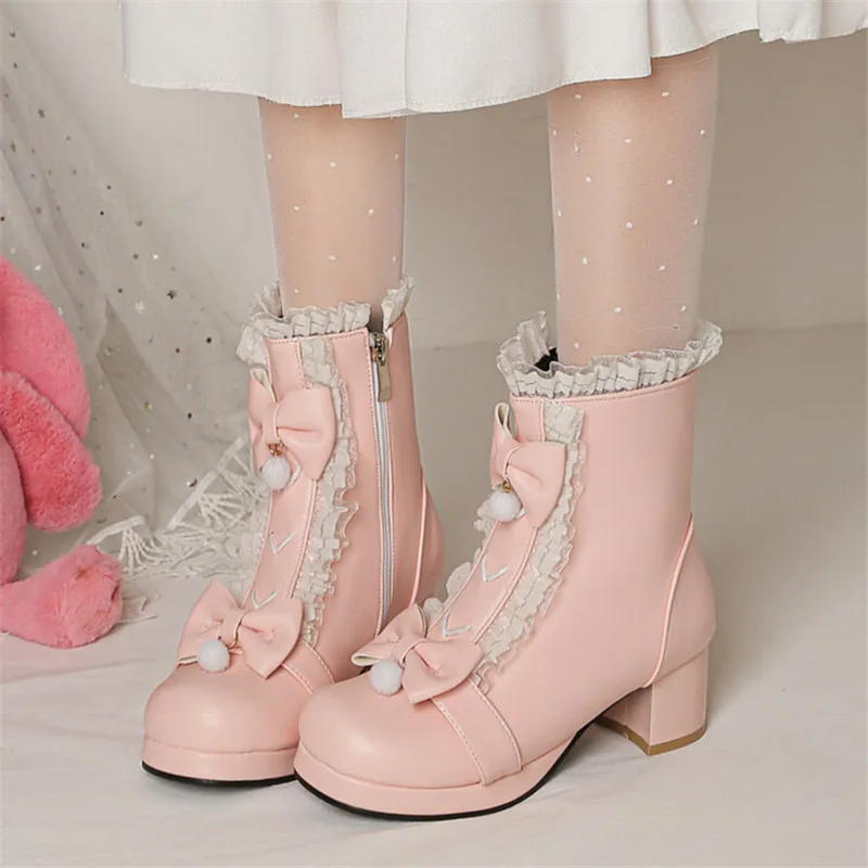 Stivali da principessa Bowknot décolleté con tacco da donna inverno caldo scarpe da sposa in pizzo con cerniera laterale Lolita Party piattaforma Cosplay Boot28-43