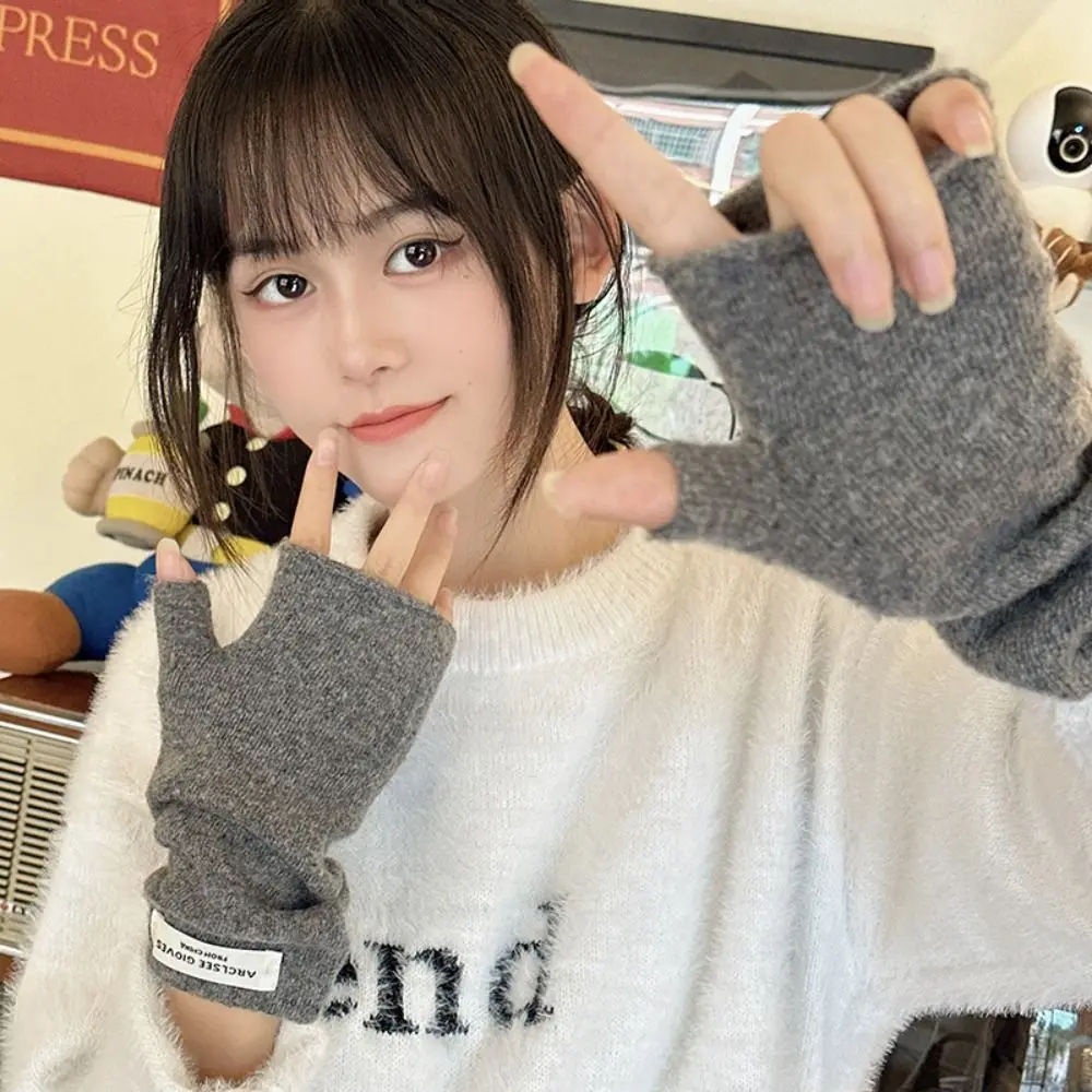 

Kawaii Touch Screen Half Finger Knitted Gloves Warm Plush Winter Velvet Gloves Solid Color Wool Women Mittens Male