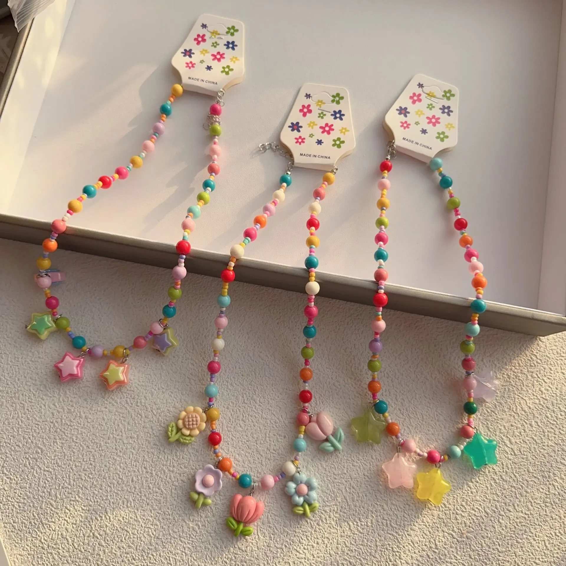 New Korean version colorful bead star small flower bear necklace cute children's card necklace bead necklace