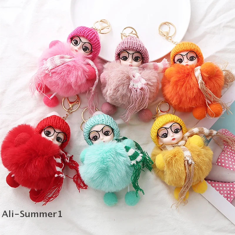 

Брелок с помпоном для глаз, стеклянная кукла, подвесной кулон, кукла, меховой шар, брелок для ключей, брелок для ключей из кроличьего меха, пушистая кукла, брелок для женщин и девочек
