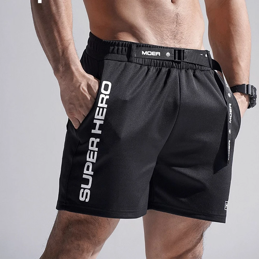 Summer Print Belt Men's Black Running Shorts Outdoor Fitness Plus Size Sports Bottoms