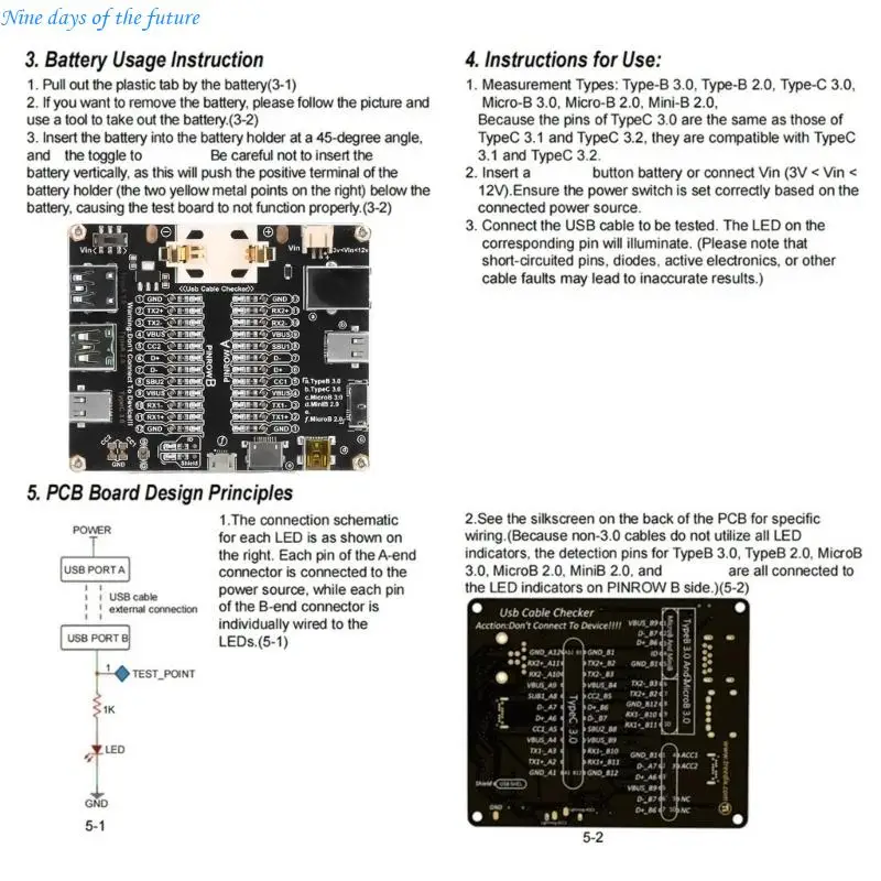 USB Data Cable Tester Board Featuring LED Display For Type B C MicroB Port E65A