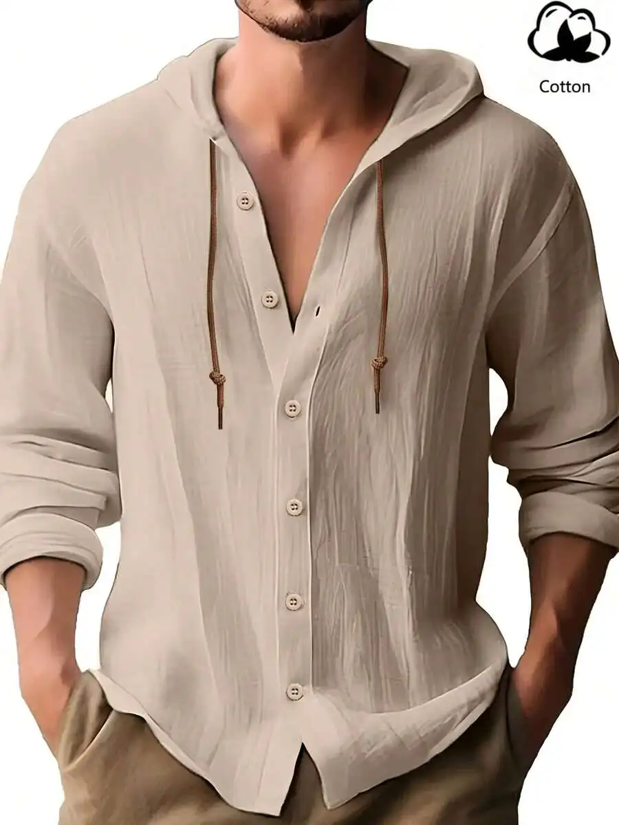 

Men's Cotton Hooded Long Sleeve Button-Up Shirt, Lightweight Casual Top for Daily Wear or Beach