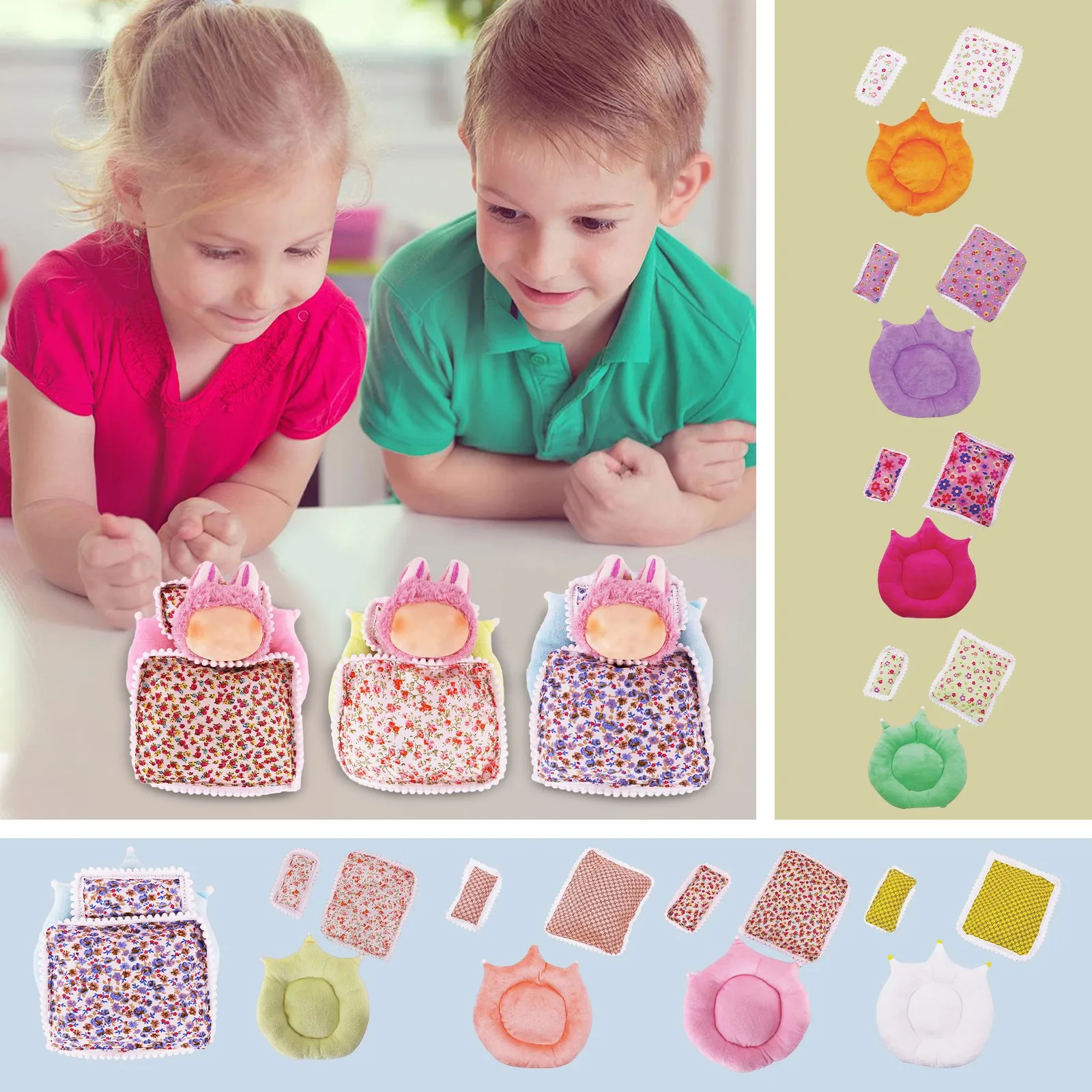 

Pop Doll Accessories Plush 3pcs/Set Bed+Quilt+Pillow Sleeping Bag For 17cm Labubu Doll Print Bedding Girl'S Toys Dollhouse Gift