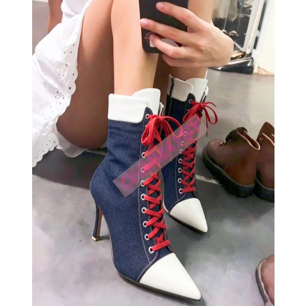 Women Pointed Toe Mid‑Calf Boots Thin Stiletto Heel Denim Color Block Patchwork Front Lace‑up Turn‑over CuffParty High Heel Boot