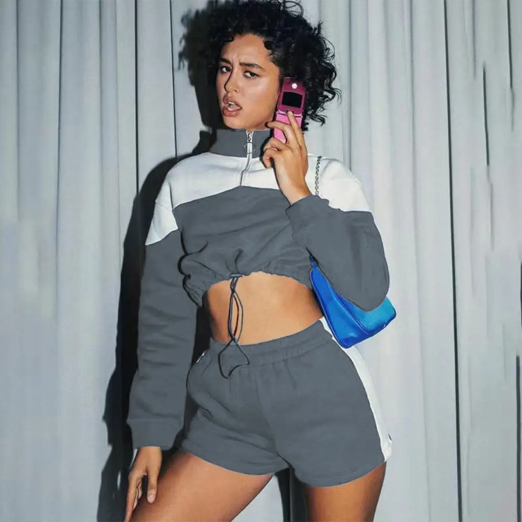 

Women's Summer Color Matching Casual Shorts Sweatshirt Suit Two-Piece Set Drawstring Comfortable