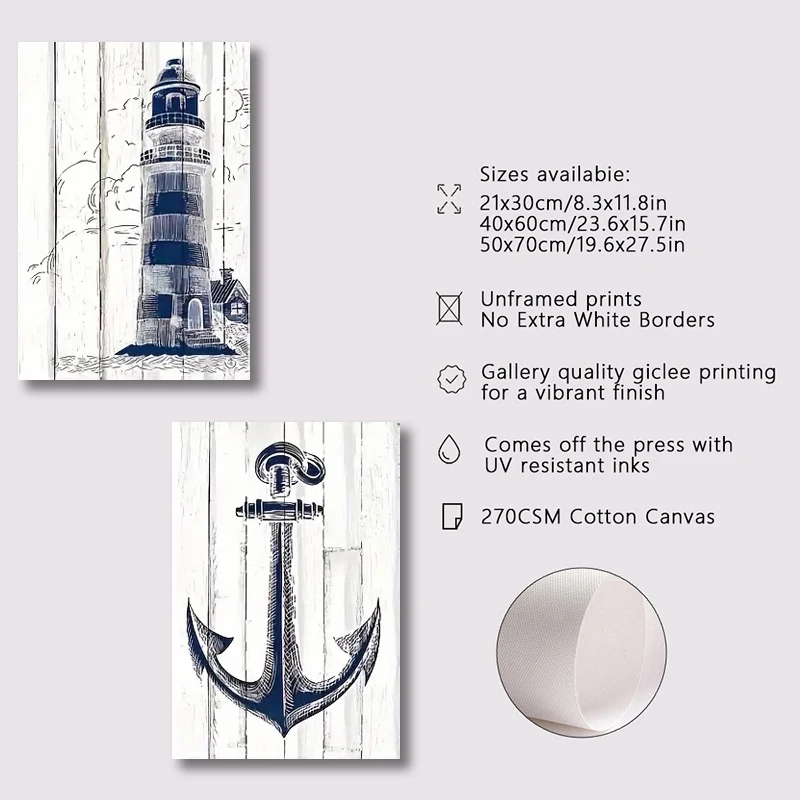 Posters Definition Lighthouse  Anchor & Compass Poster Coastal Home Living Room Decor Nautical Canvas Print Wall Art Set