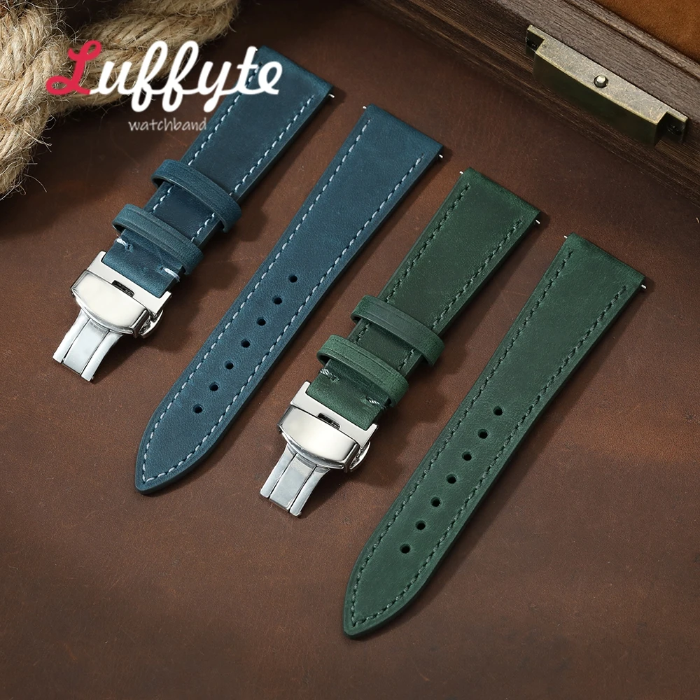 Crazy Horse Rindsleder Uhrenarmband 18mm 20mm 22mm Schnellverschluss Herrenarmband mit Schmetterlingsverschluss Business-Armband