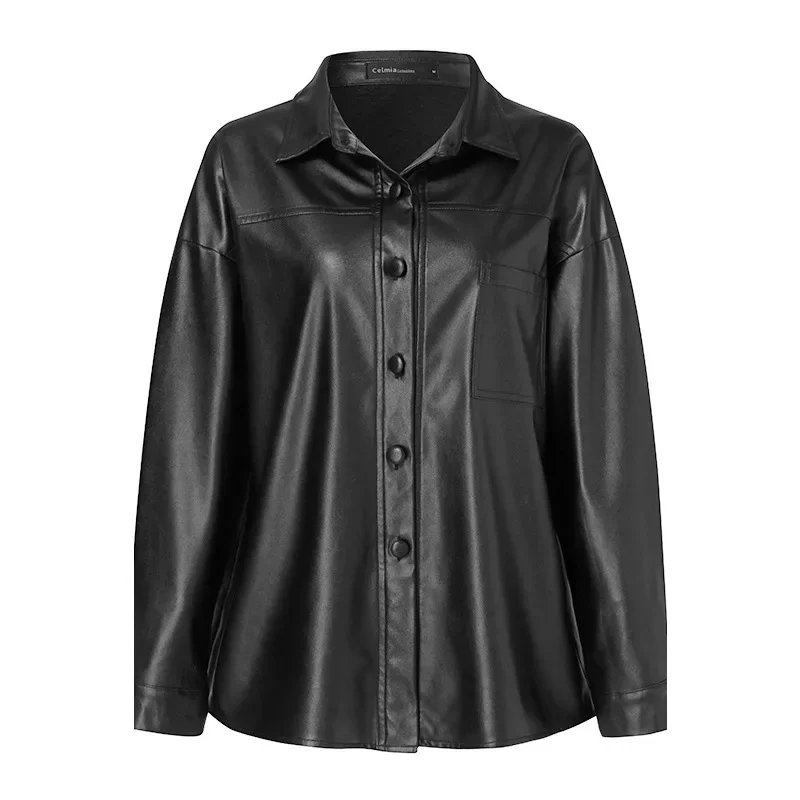 Nova jaqueta de couro pu feminina estilo motocicleta primavera outono único breasted lapela camisa casual jaqueta