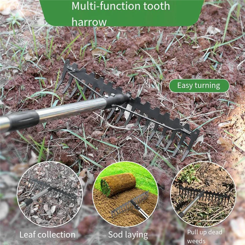 ABKJ-Bow Rake Heavy Duty Garden Rake 17 Steel Tines Metal Head Rake Tool For Loosening Soil Gathering Leaf Leveling Lawn