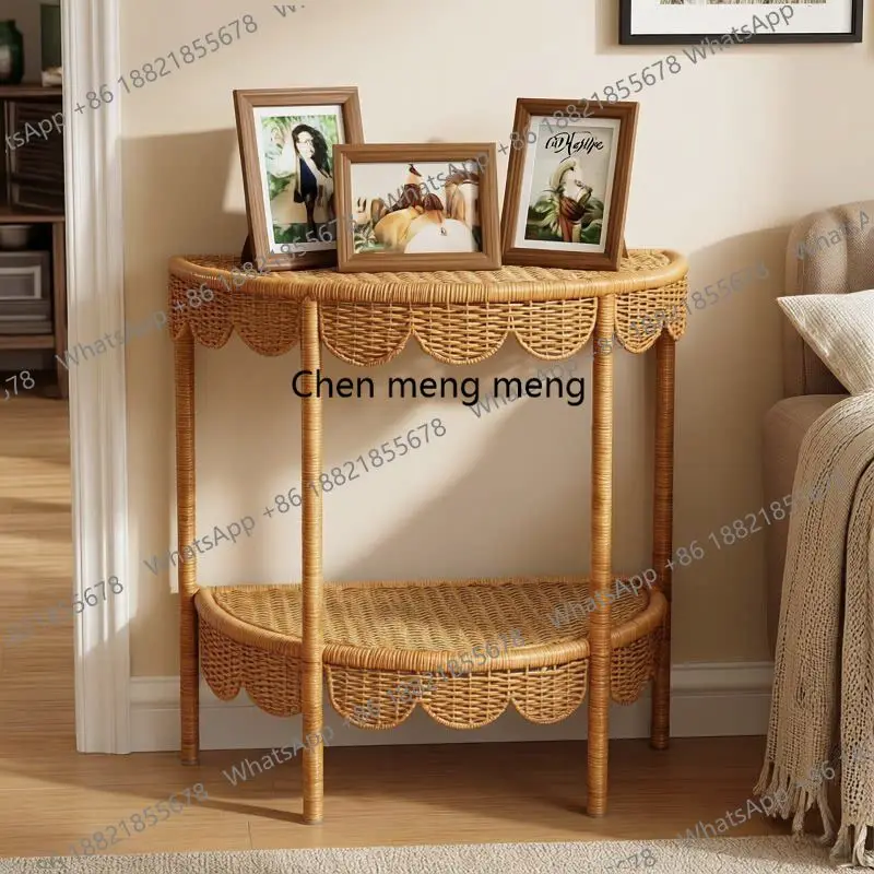 Natural rattan semi-round table, living room entrance against the wall, storage corner cabinet, natural wind, decorative cabinet