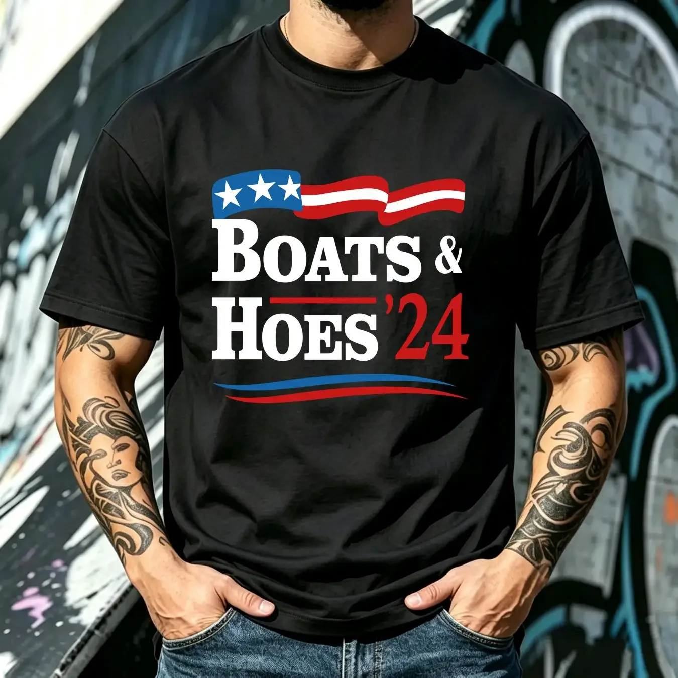 washed T Shirt Boats And Hoes 24 American Flag Step Brother Vintage Election Funny  vintage Washed Slightly Comfortable