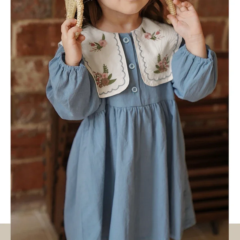 Girls Dress Spring Autumn Long Sleeve Lapel Embroidered Princess Dress Kids Clothes Fashion Korean Children Dresses 2 3 4 5 6 7Y