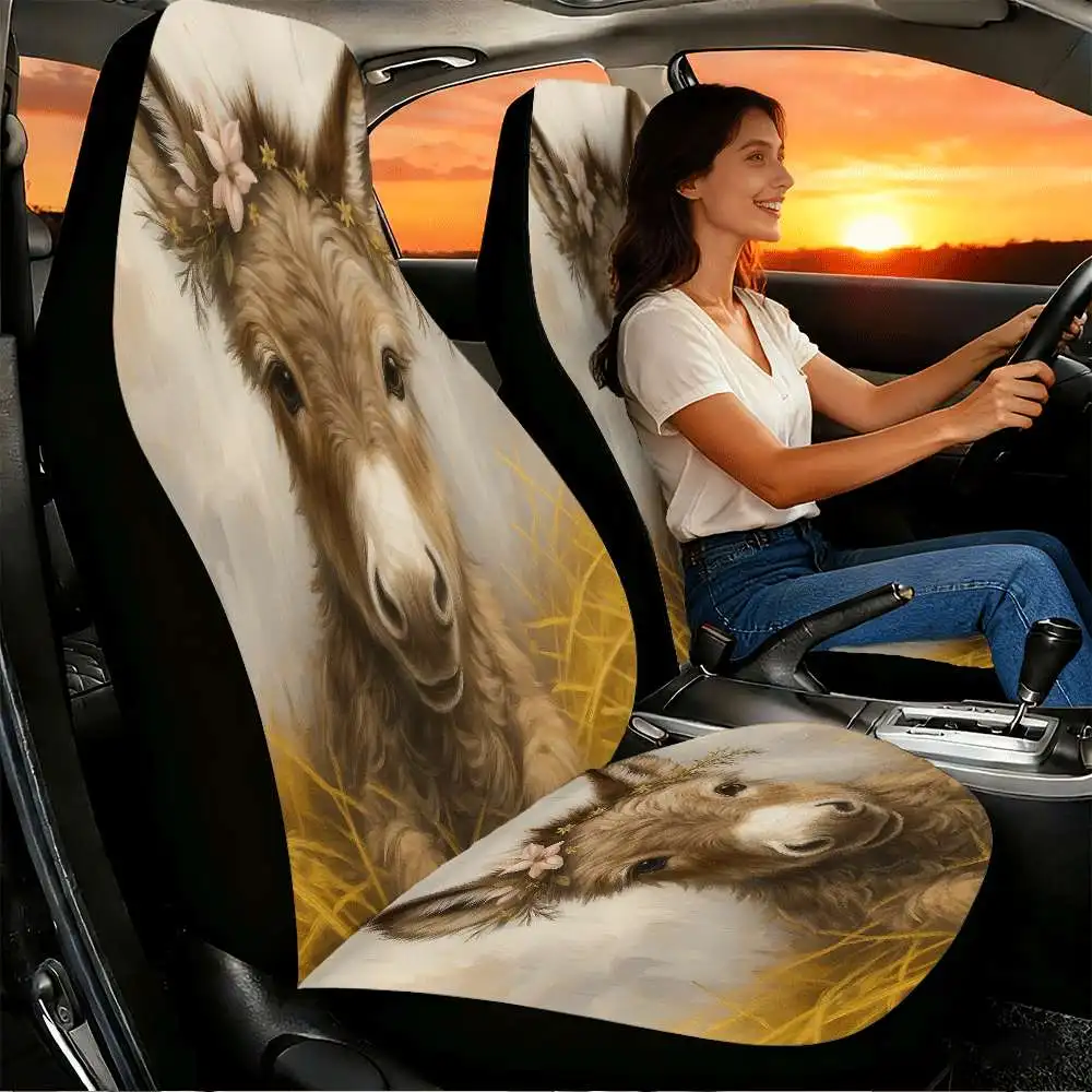 2pcs Adorable Donkey With Floral Crown Car Seat Covers Suitable For Front Seats, High Back Design, Material, Suitable For Cars,