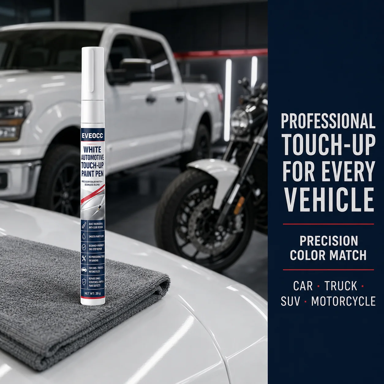White Car Touch‑Up Paint Pen, Precision Color Match Seamless Repair for Small Scratches Chips Paint Defects