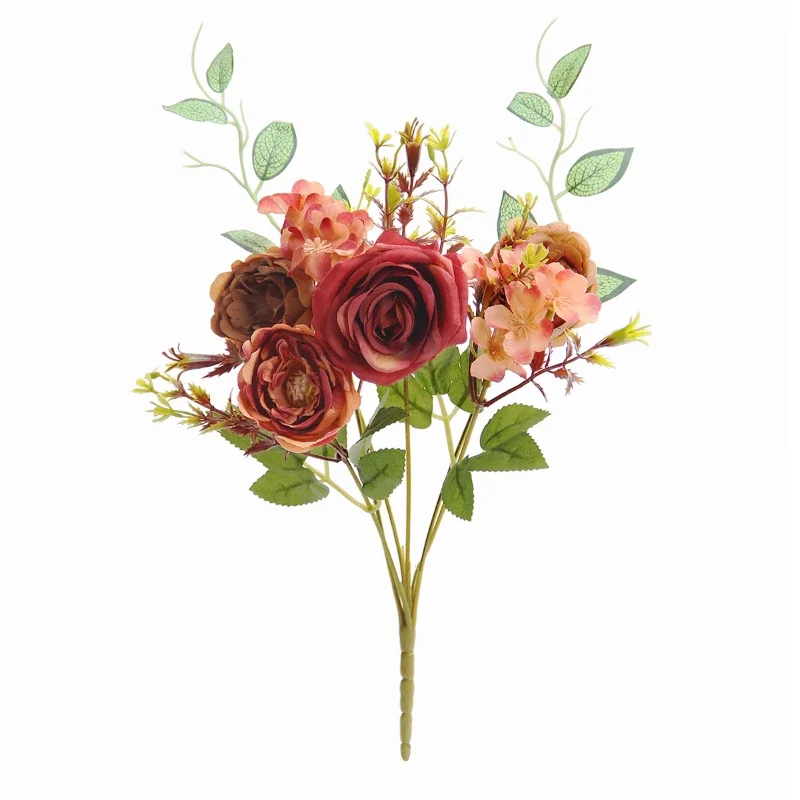 Artificial Roses Peonies Hydrangea Bouquet Fake Flowers Dining Table Decoration Simulation Orange Flower Silk Peony Rose