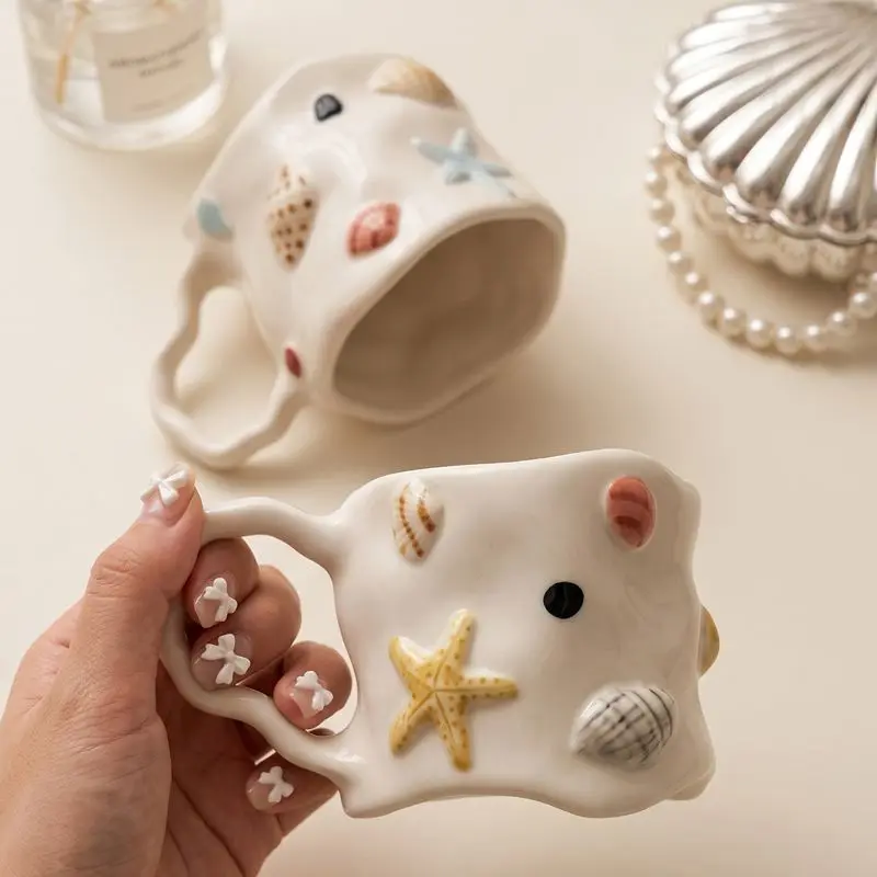 Hand Painted Ceramic Mug Beautiful 3D Starfish Ceramic Shell Cup Cute Girly Unique Home Use Girls Favourite