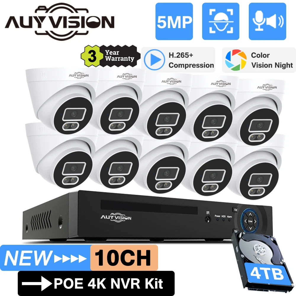 

10CH 4K POE NVR Security System Color Night Vision 5MP Indoor Home CCTV Dome Camera Set Video Surveillance System Kit 2Way Audio