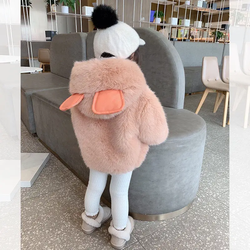 2024 Autumn Winter Baby Girls Faux Fur Jackets Toddler Cute Hooded Coats Kids Thickened Cotton-Padded Outerwear Children Clothing