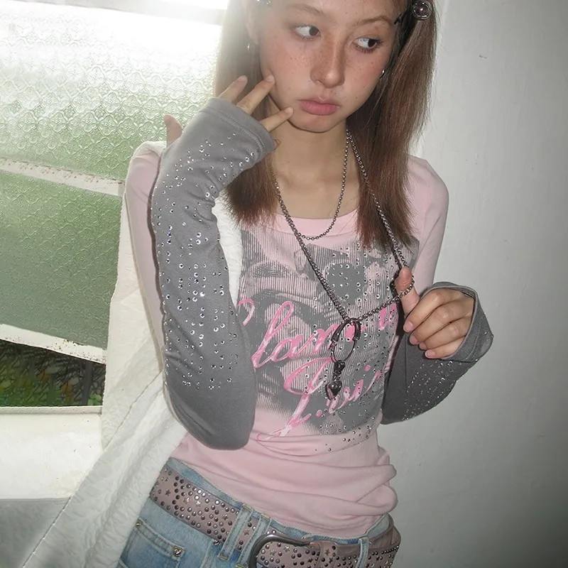 Karrcat Grunge Patchwork T-shirt Y2k Aesthetics Fake Two-piece T Shirt Fairycore Diamond Pink Tops 2000s Harajuku Streetwear