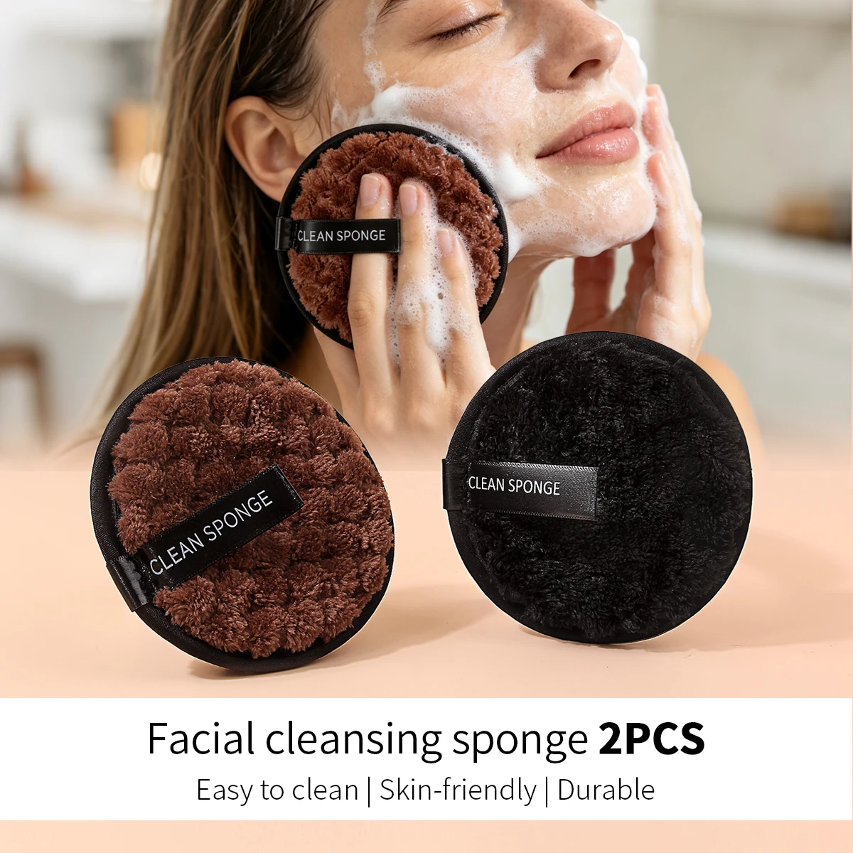 2Pcs Facial Cleansing Sponge,Soft Microfiber Round Makeup Remover Clean Sponge, Washable Durable Reusable Face Cleaning Pads