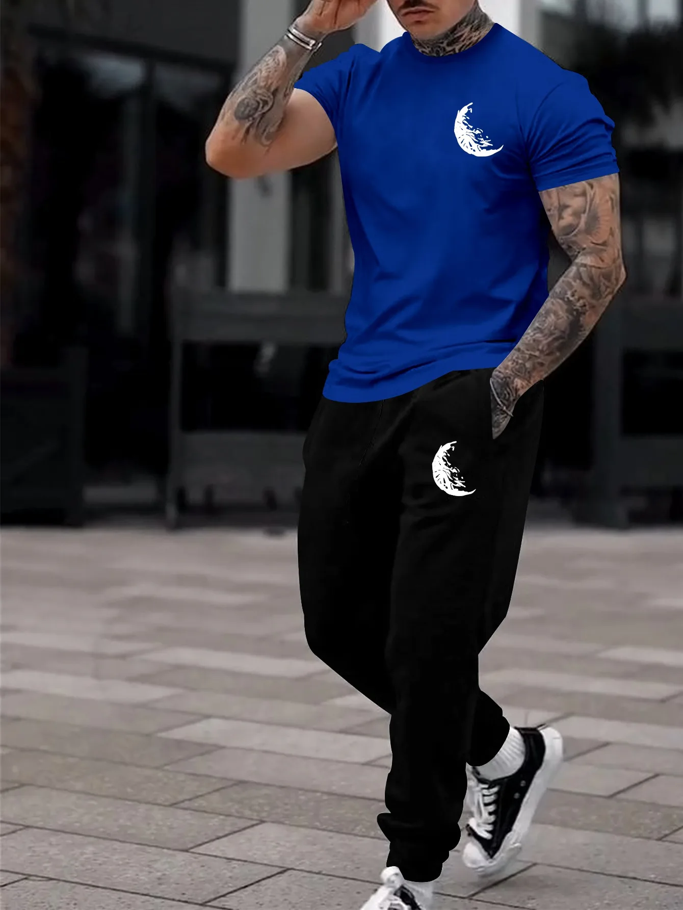 

Men's Fashion Moon Half Print Micro Elastic Breathable Comfortable Round Neck T-shirt Pants Set Autumn Outdoor Casual Clothing
