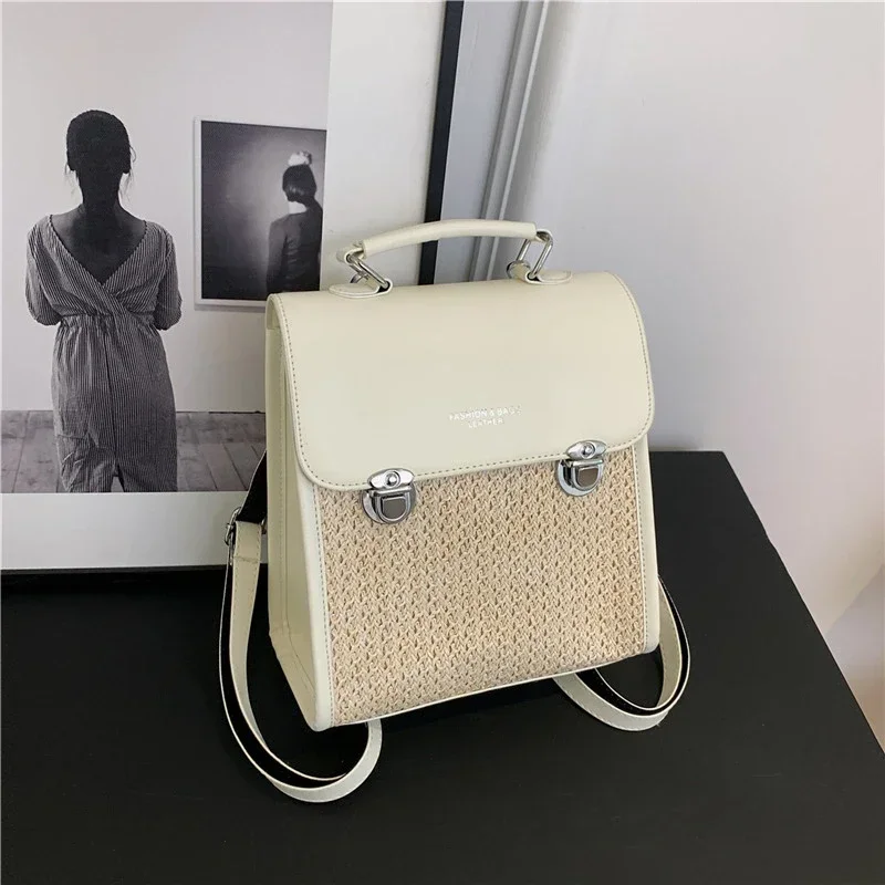 High Quality PU Straw Fashion Backpack Simple Versatile Crossbody Bags for Women 2024 Designer New Summer Large Capacity