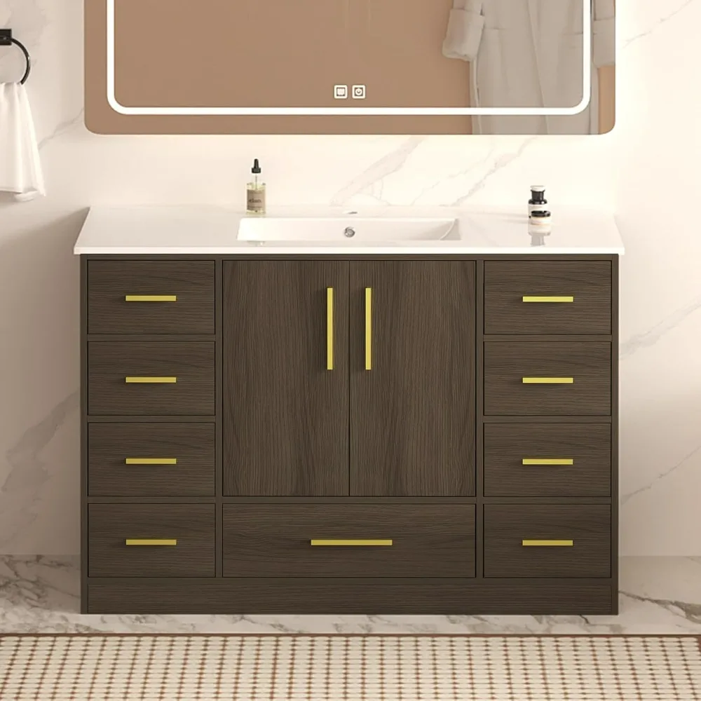 48 Inch Bathroom Vanity with Sink, Freestanding Bathroom Vanity with 9 Storage Drawers and 2 Soft-Closing Doors, Wood 48