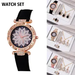 5pcs Set Watches Women Leather Band Ladies Watch Simple Casual Women's Femme Gift Montre Analog Bracelet Wristwatch F6h2