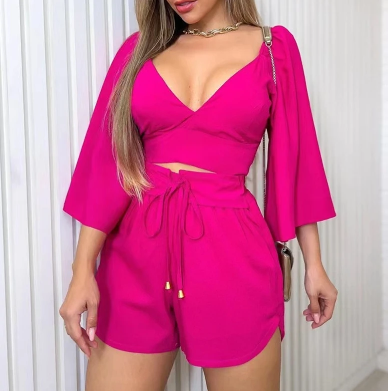 Fresh and Sweet 2024 Summer Set Women Half Sleeves Fashion Casual Lace Up Solid Color Temperament Commuting for Female Clothing