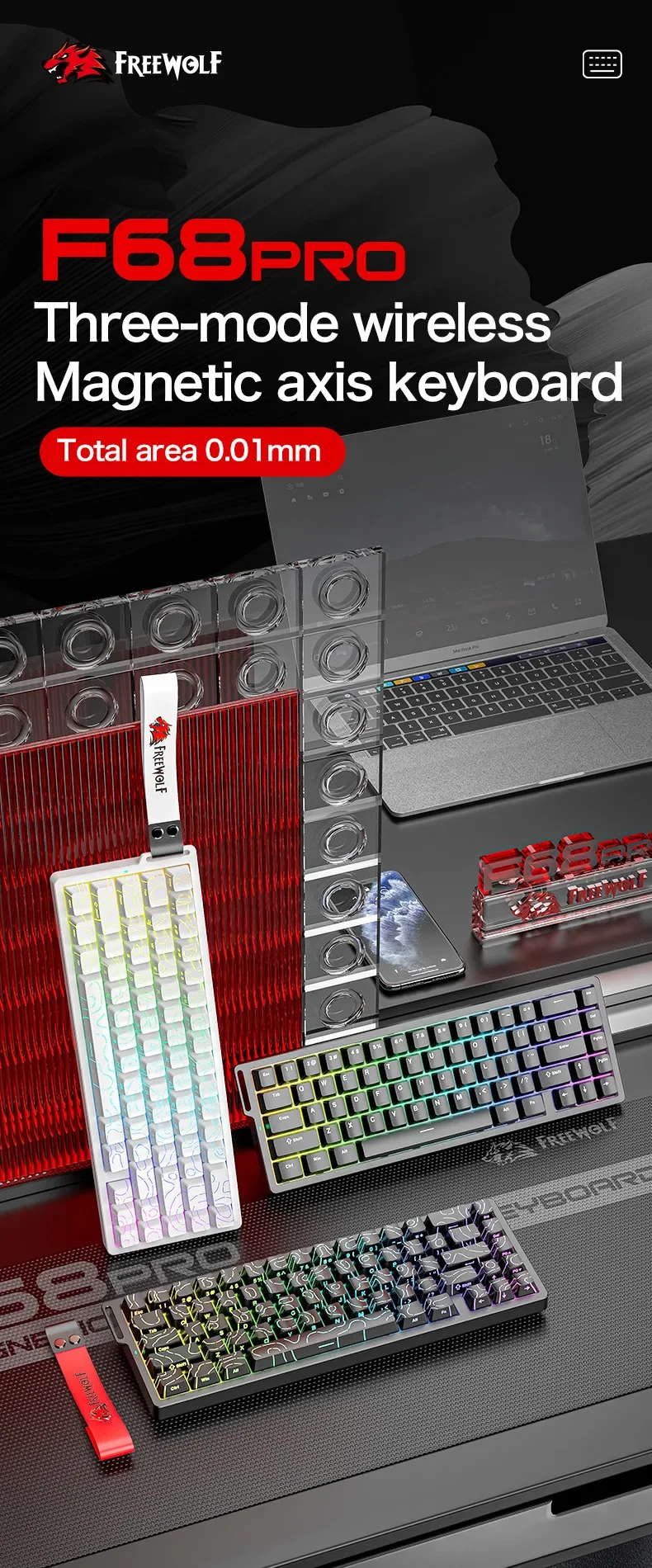 F68PRO RGB Magnetic Switch Mechanical Keyboard Wireless 8K Wired Bluetooth Multi-Mode Keyboard with Equal Height Keys
