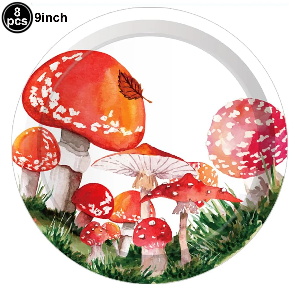 Mushroom Themed Disposable Tableware Paper Plates Napkins Cups Mushroom Balloon Baby Shower Jungle Safari Birthday Party Supplie