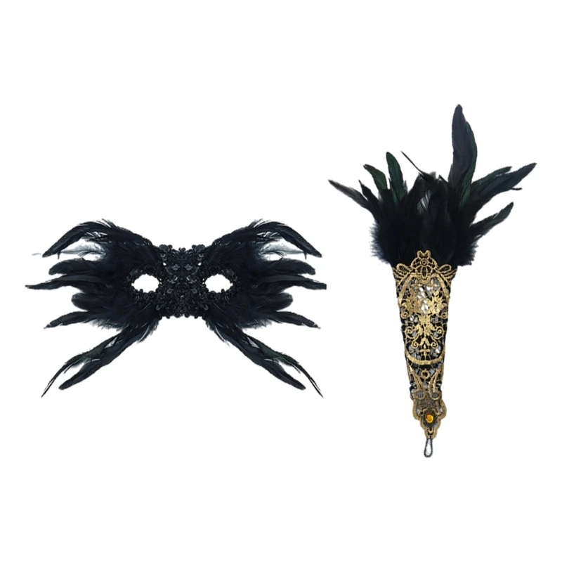 3 Pcs 20's Theme Set Masquerade Mask Long Gloves 1920s Accessories 20s Headpiece 1920s Gatsby Accessories Set Party Mask image 2