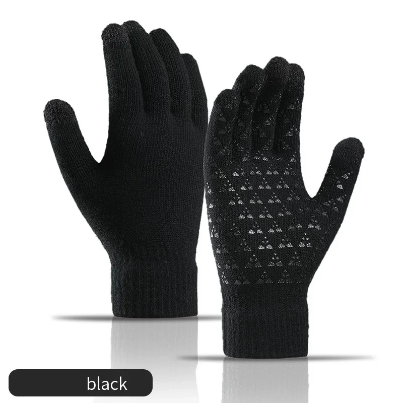 Men Women Winter Touchscreen Knitted Gloves, Elastic Warm Gloves with Triangle Anti-slip Palm for Smartphone Outdoor Use