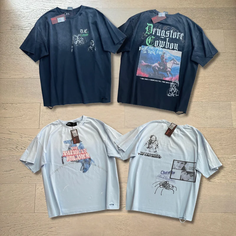 

Футболка Paly 2026ss в винтажном стиле с мультяшным принтом, повседневная, с круглым вырезом, рваная, унисекс, для уличной моды