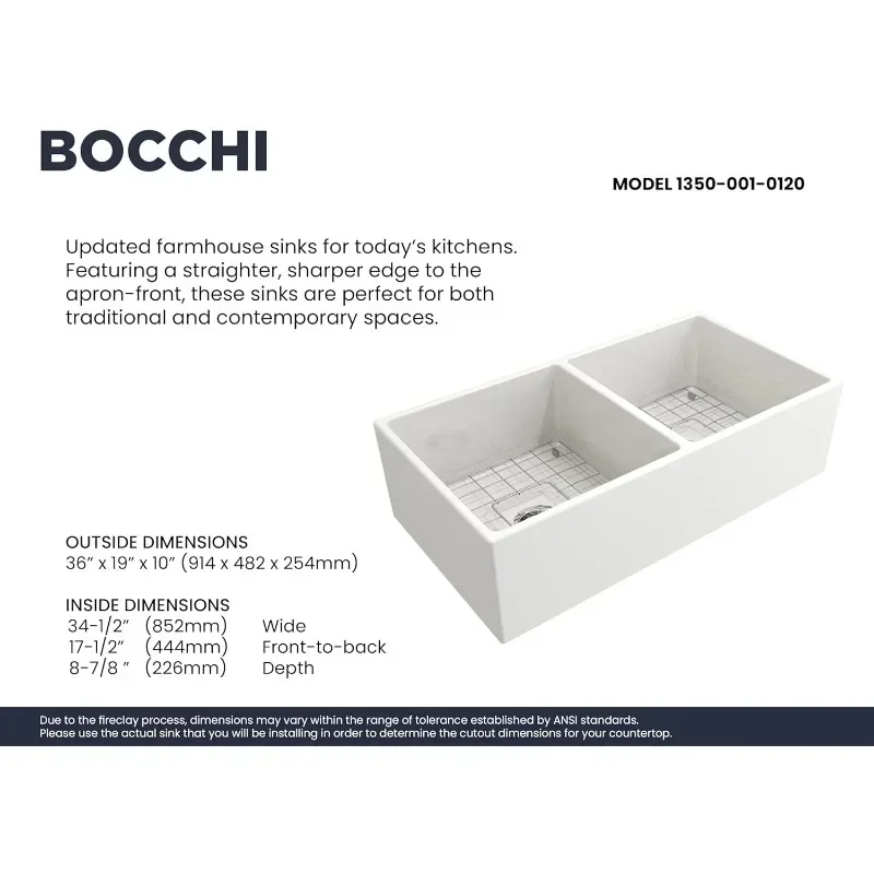 BOCCHI Contempo Farmhouse Apron Front Fireclay 36 in. Double Bowl Kitchen Sink with Protective Bottom Grid and Strainer in White
