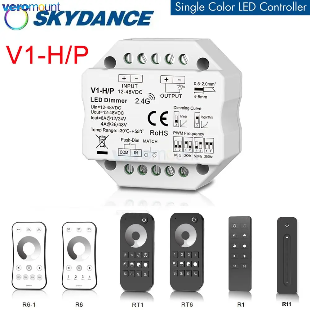 

Skydance V1-H/P 12-48V DC LED Controller Push Dim 250Hz 500Hz 2kHz 8kHz Four PWM Frequency Dimmer For Single Color LED Strip